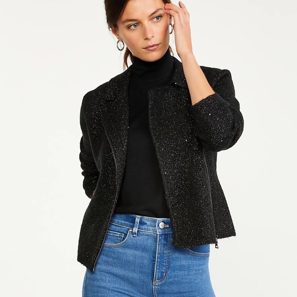 Ann Taylor Knit Moto Shimmer Sweater Jacket 548188